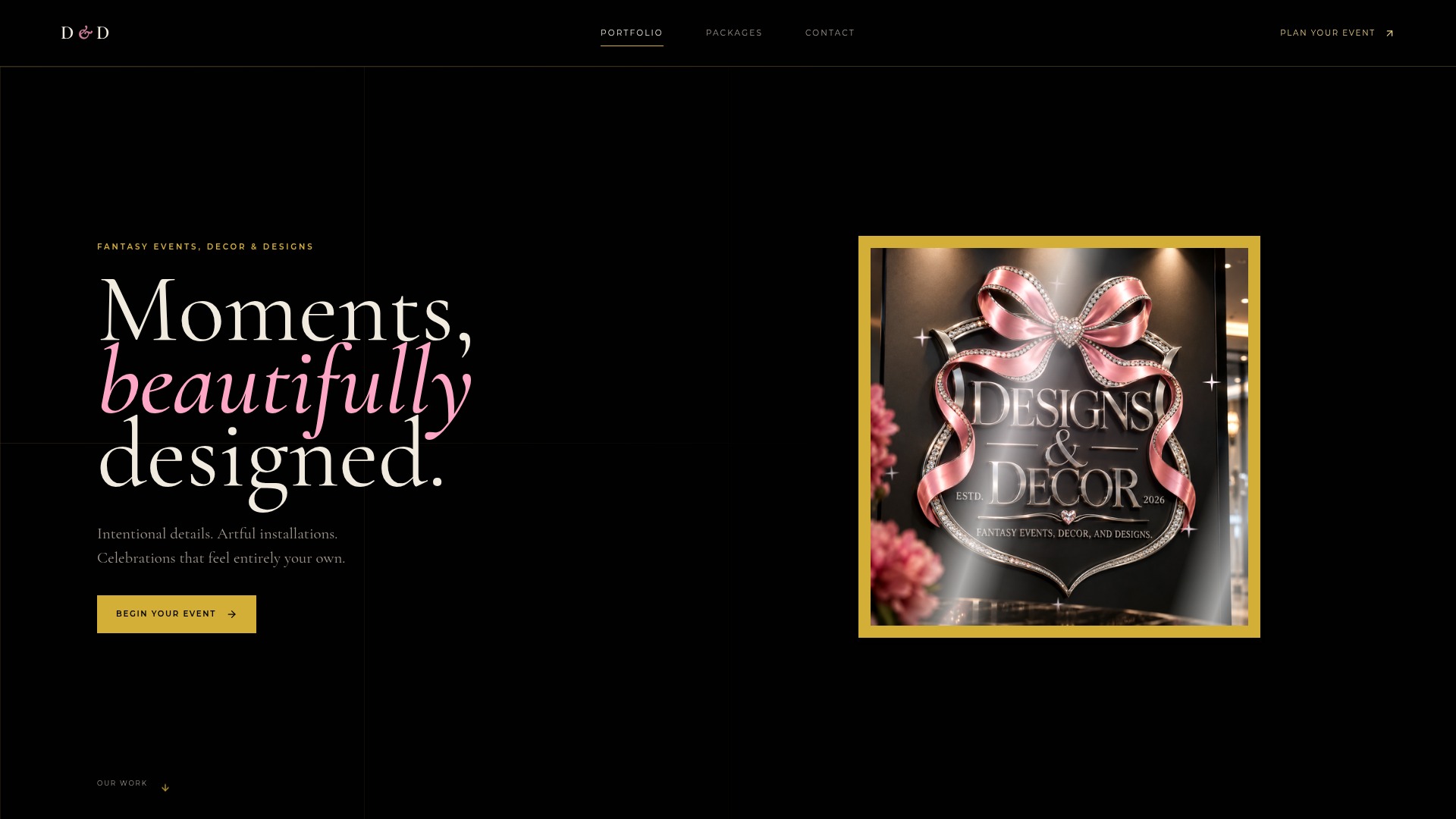 Fantasy Event Design & Decor website featuring its Designs & Decor logo and celebration styling