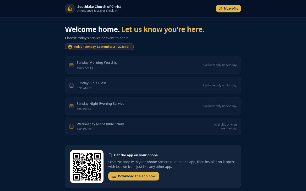 Southlake Church of Christ attendance and prayer check-in app preview